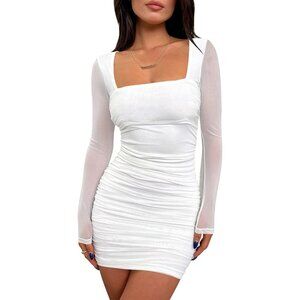 Women's White Sexy Ruched Bodycon Mini Dress Mesh Long Sleeve  Short Dress